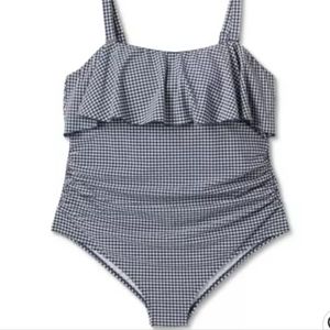 Kona Sol Blue  Plus Size Gingham Navy Bandeau  Flounce Top/Rushing.  (16W)